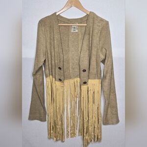 Vocal Faux Suede Fringe Cardigan Sweater Jacket Sz L Western Bohemian Country